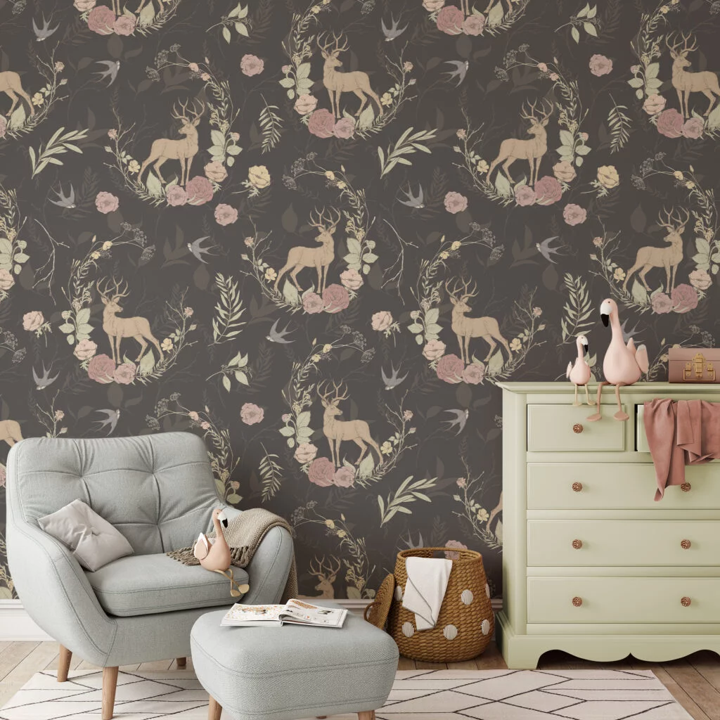 Vintage Floral Design With Reindeers Illustration Wallpaper, Enchanted Forest Peel & Stick Wall Mural