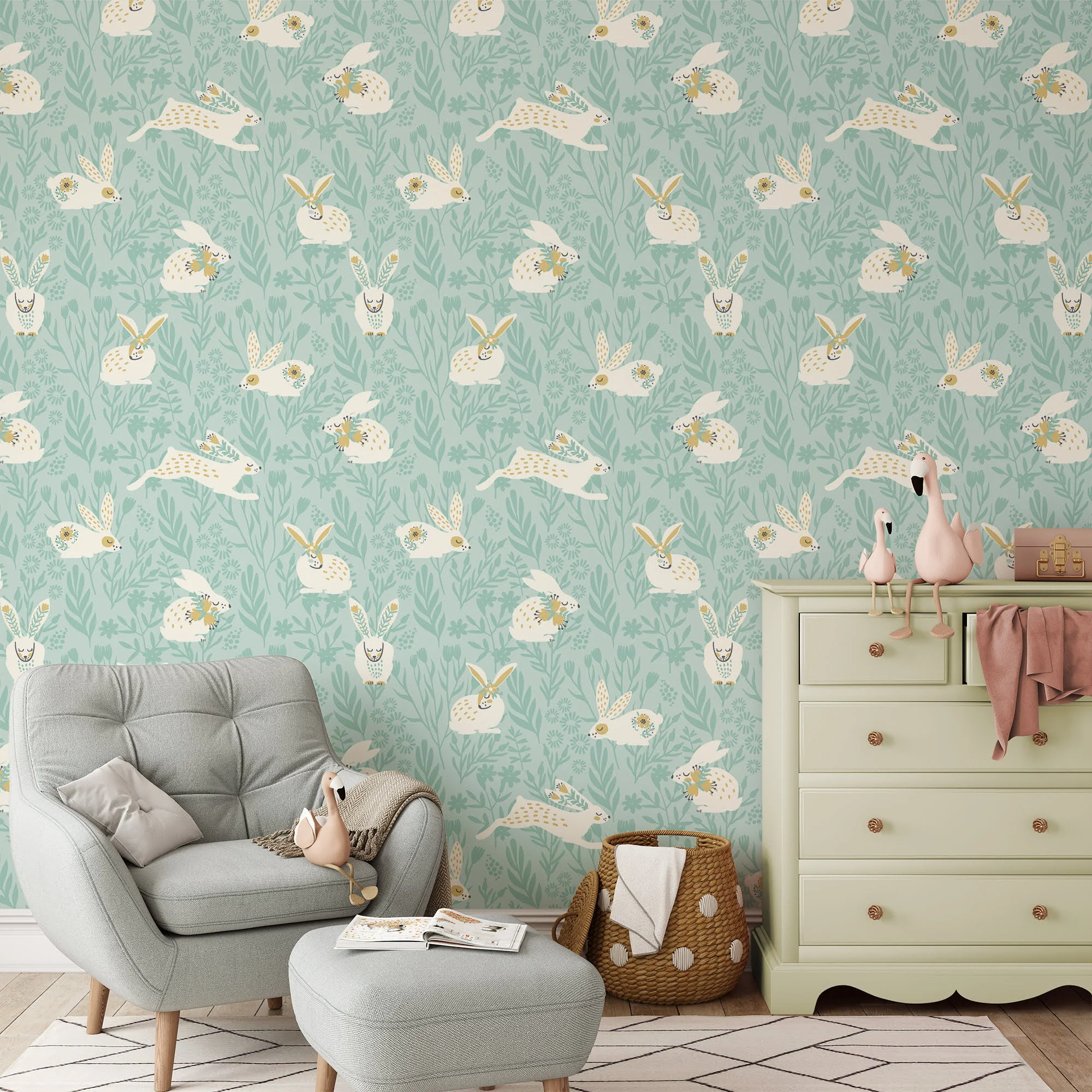 Cute Flat Art Easter Bunnies Illustration Wallpaper, Soft Nursery Wildflower Peel & Stick Wall Mural