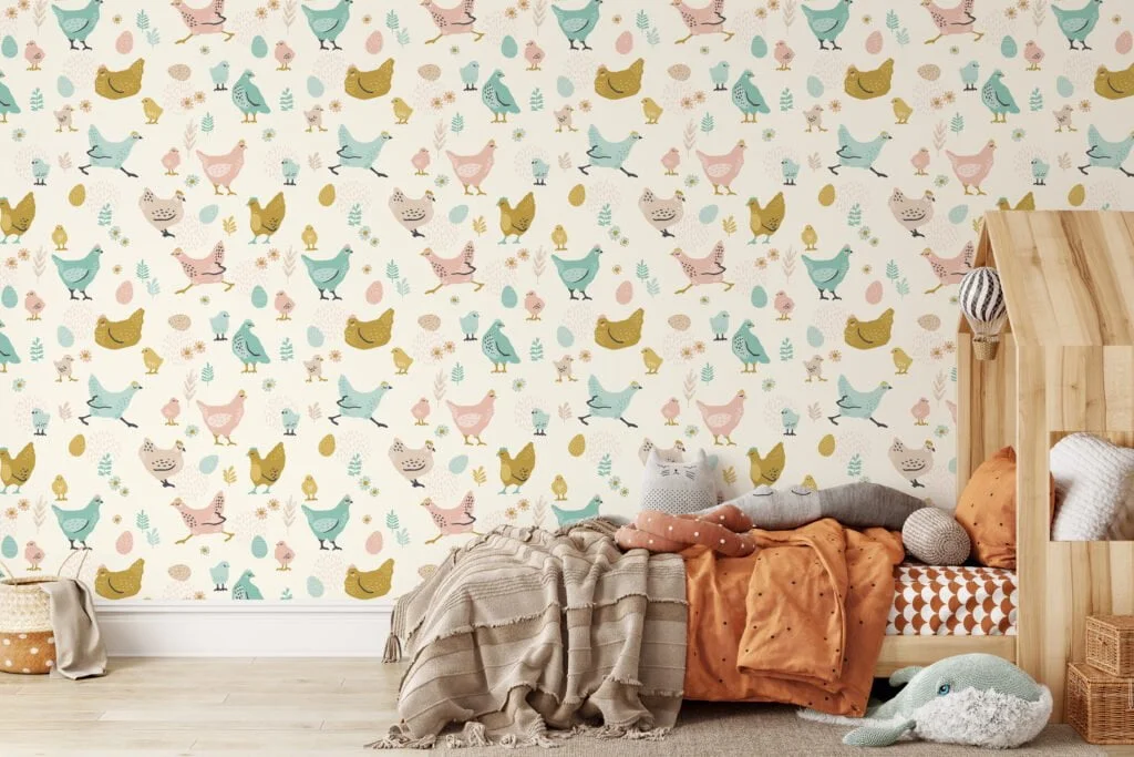 Cute Farm Animal Chickens With Eggs Illustration Wallpaper, Whimsical Nursery Room Peel & Stick Wall Mural