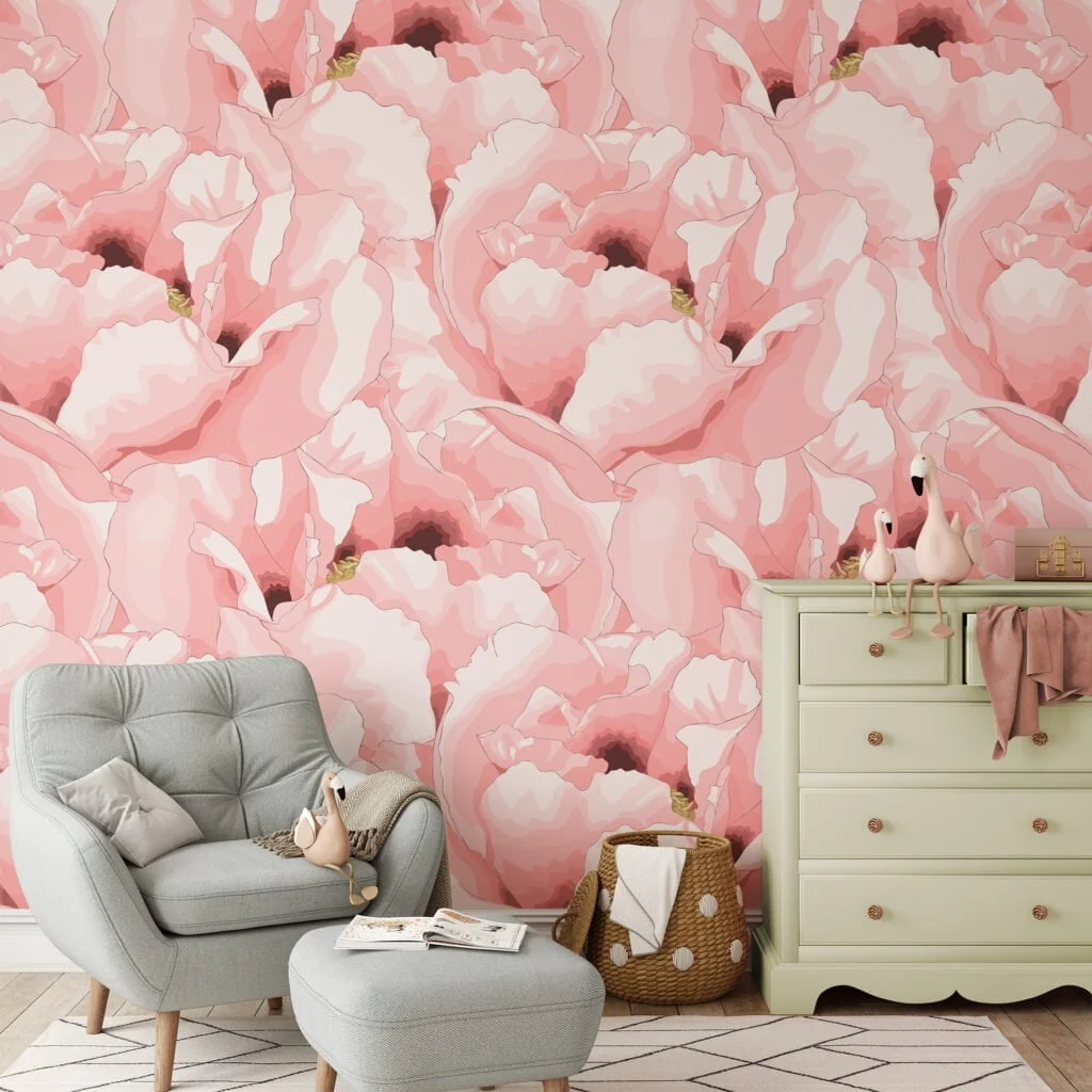 Abstract Soft Peach Pink Floral Wallpaper, Romantic Floral Peel & Stick Wall Mural