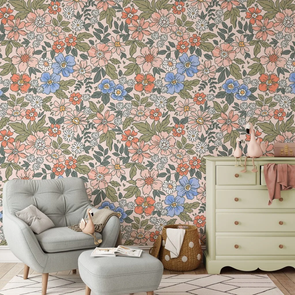 Outlined Flowers Design Illustration Wallpaper, Retro Floral Blooms Peel & Stick Wall Mural