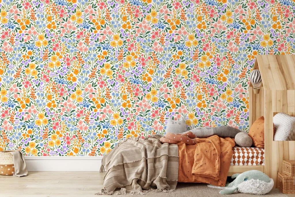 Flat Art Colorful Small Flower Pattern Illustration Wallpaper, Vibrant Floral Garden Peel & Stick Wall Mural