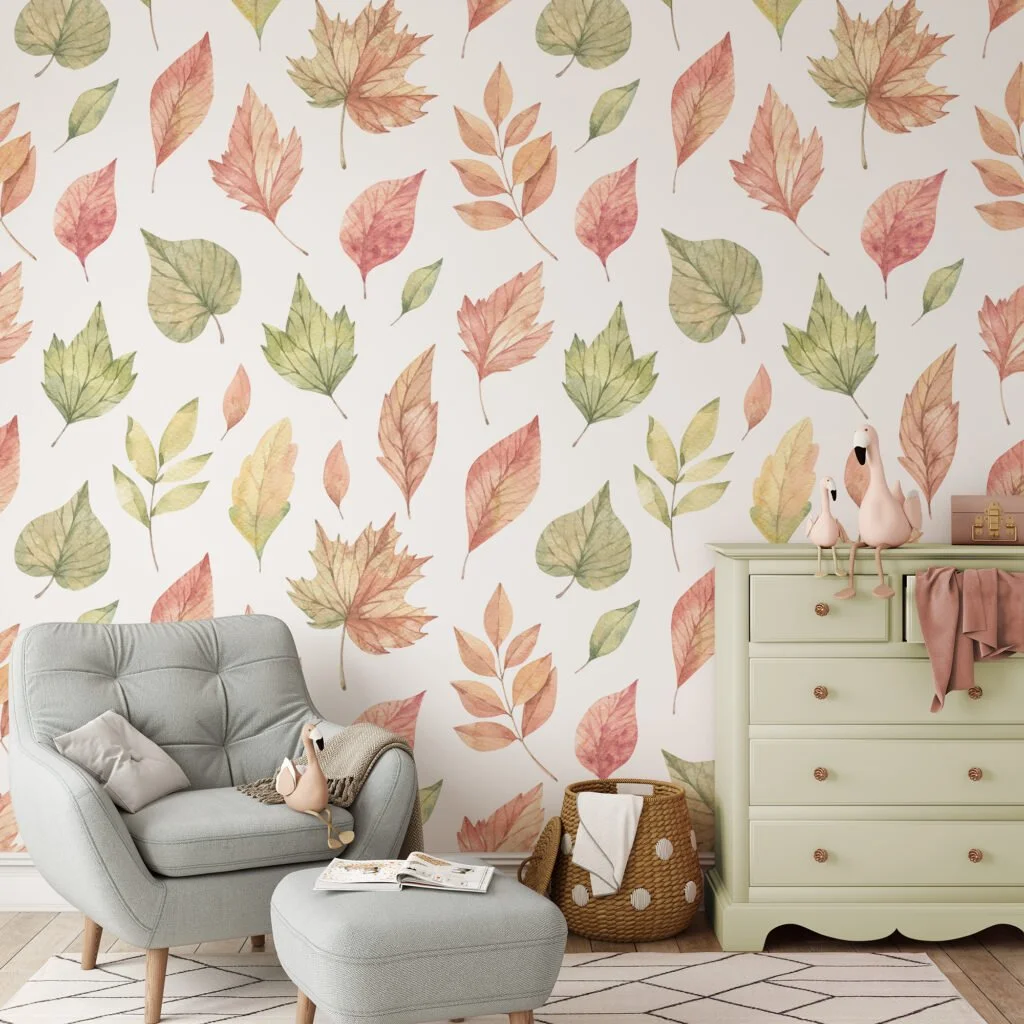 Watercolor Fall Themed Leaves Illustration Wallpaper, Autumn Nature Design Peel & Stick Wall Mural