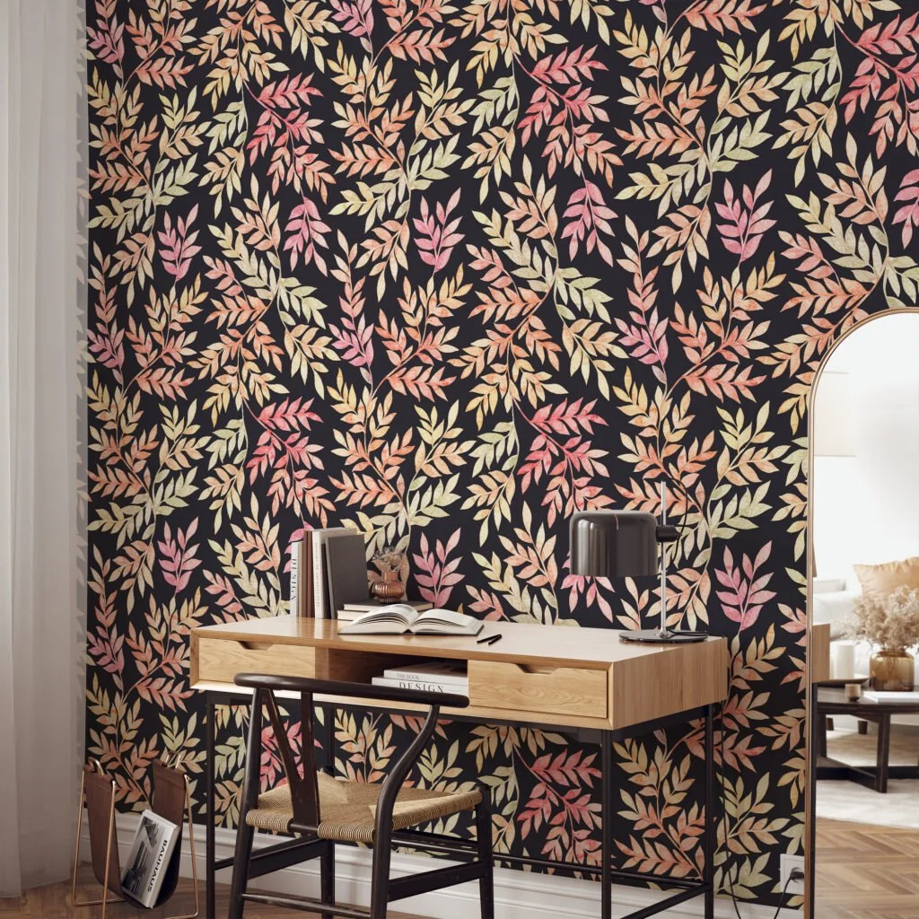 Watercolor Style Large Colorful Leaves With A Dark Background Wallpaper, Autumn Elegant Peel & Stick Wall Mural