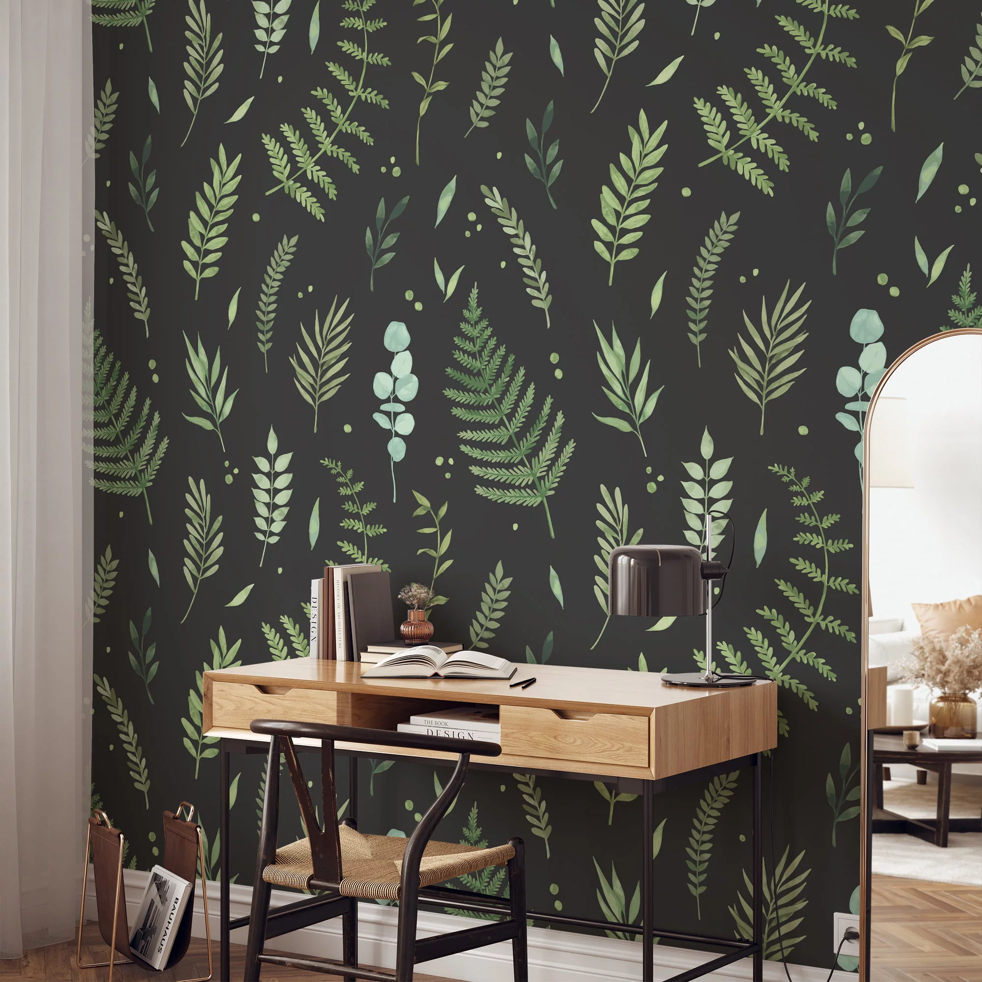 Green Leaves And Branches With A Dark Background Wallpaper, Nighttime Botanicals Peel & Stick Wall Mural