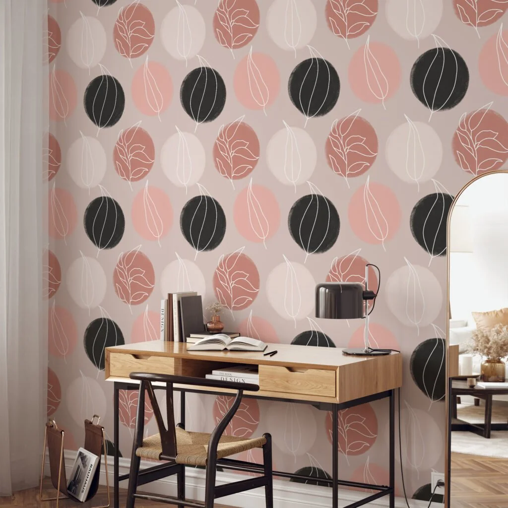 White Line Art Leaves On Circles Design Illustration Wallpaper, Minimalist Leaf and Circle Peel & Stick Wall Mural