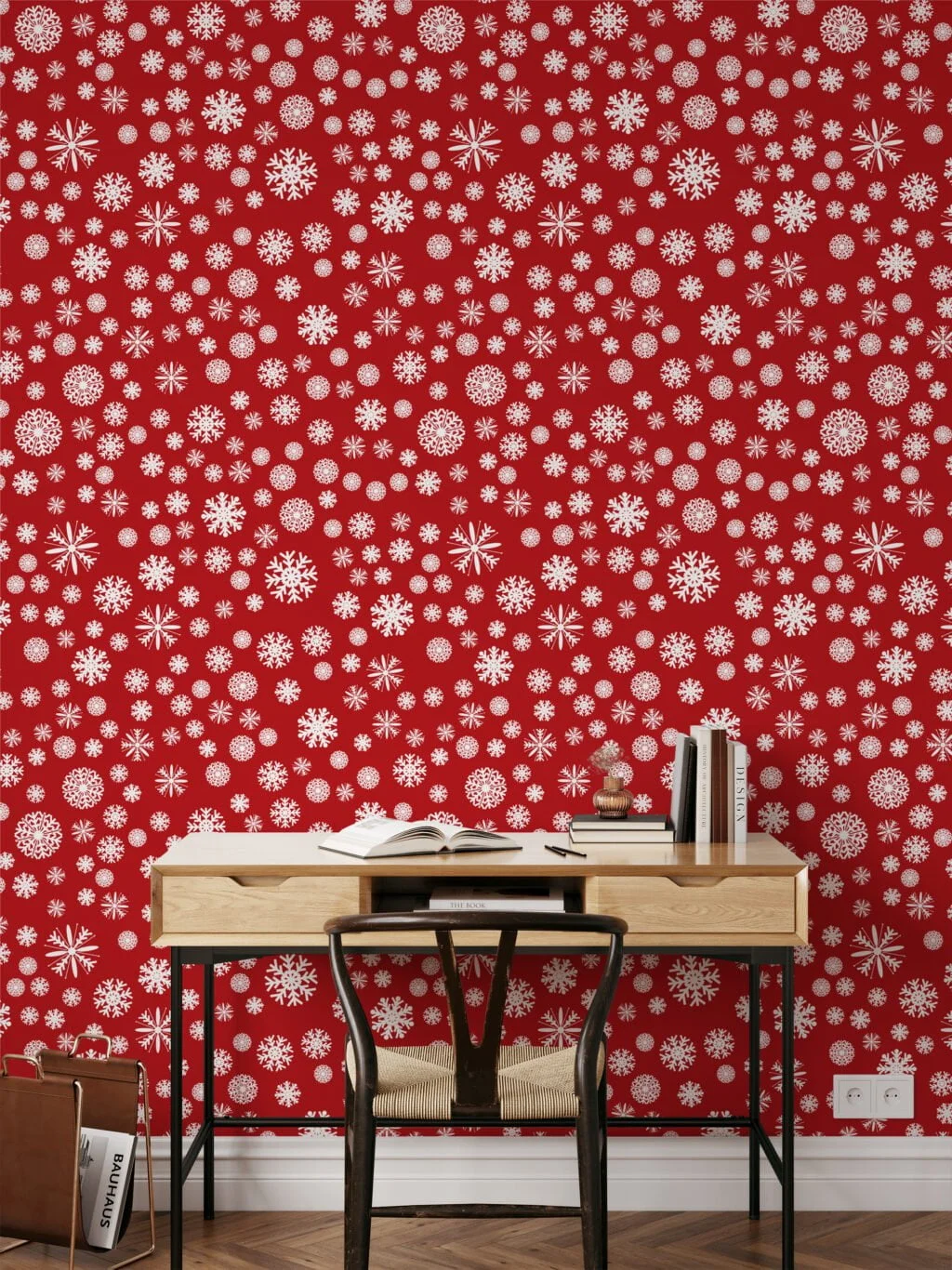 White Snowflakes On A Red Background Illustration Wallpaper, Cheerful Holiday-Inspired Peel & Stick Wall Mural