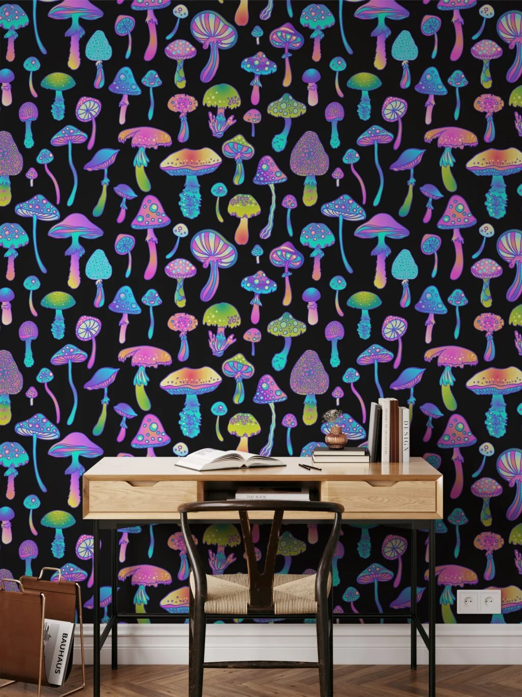 Psychedelic Mushrooms On A Black Background Wallpaper, Enchanted Neon Mushrooms Peel & Stick Wall Mural