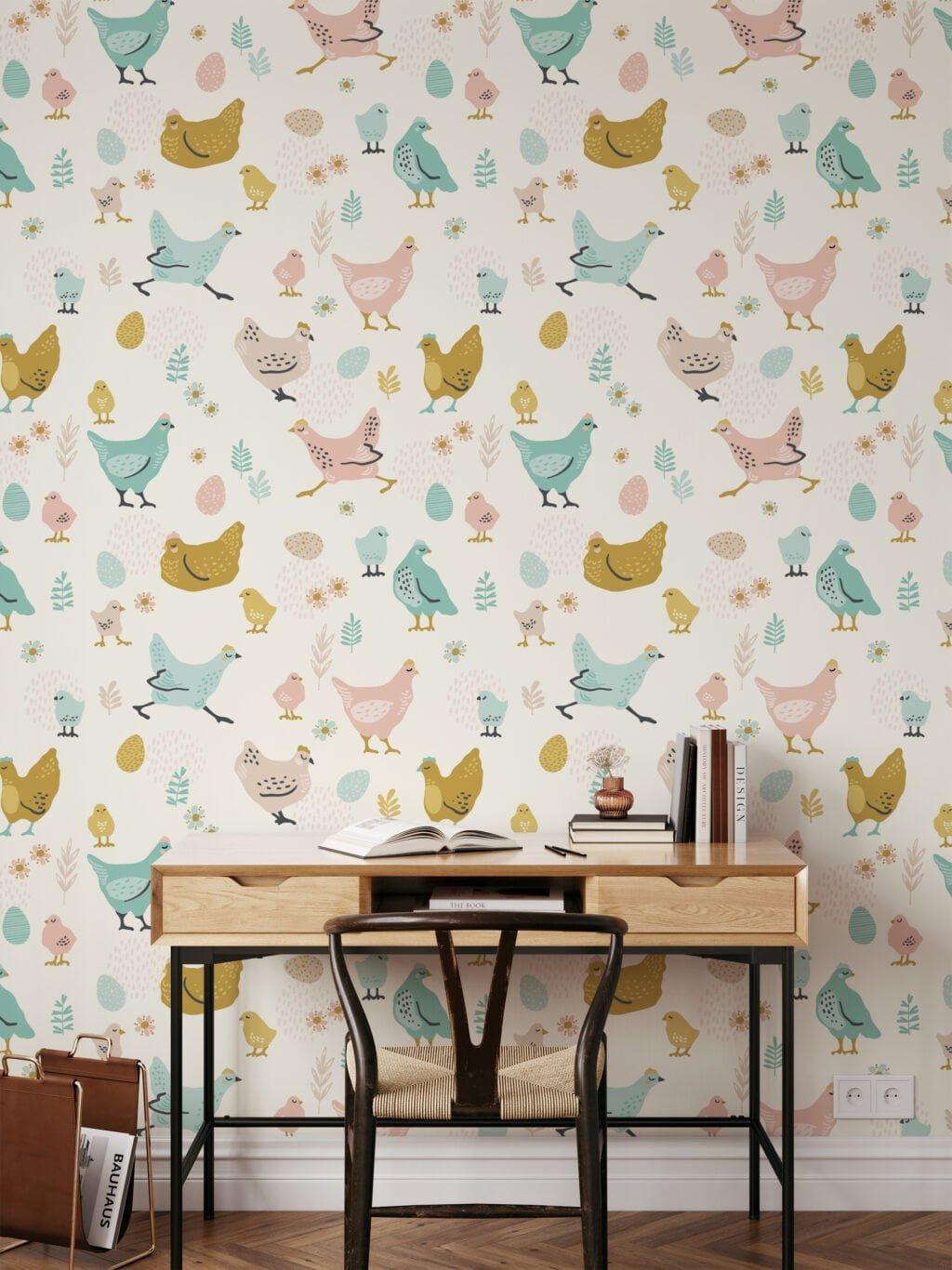 Cute Farm Animal Chickens With Eggs Illustration Wallpaper, Whimsical Nursery Room Peel & Stick Wall Mural