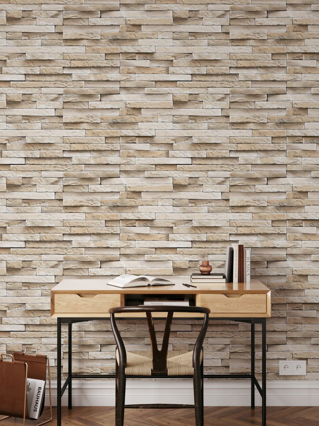 Beige Stone Brick Wall Wallpaper, Classic Limestone Brick Faux Peel & Stick Wall Mural