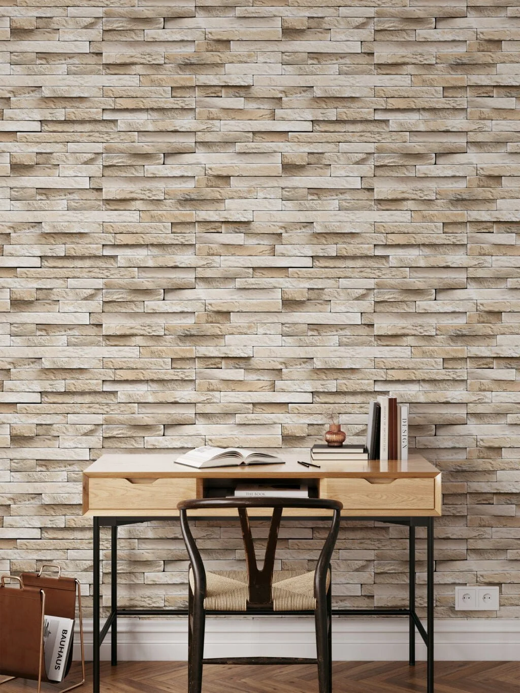 Beige Stone Brick Wall Wallpaper, Classic Limestone Brick Faux Peel & Stick Wall Mural