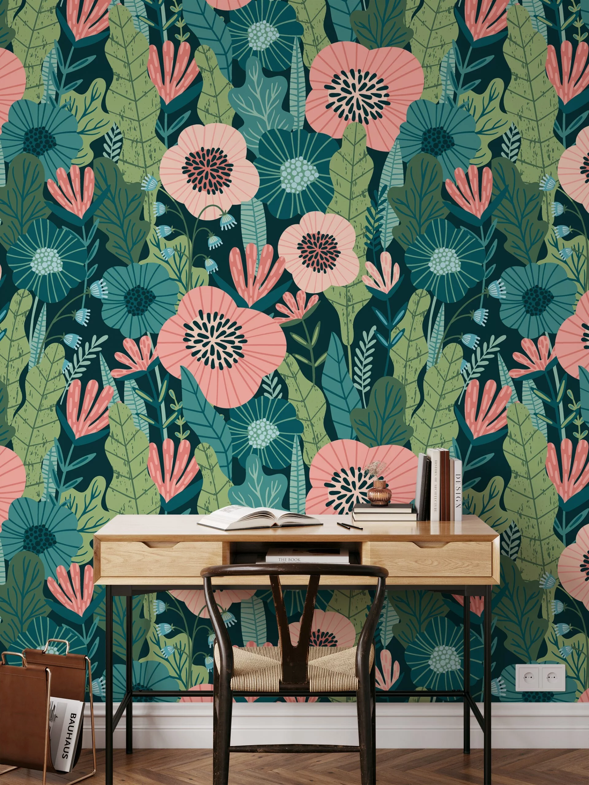 Flat Art Green Leaves With Peach Flowers Wallpaper, Tropical Bloom Greenery Peel & Stick Wall Mural