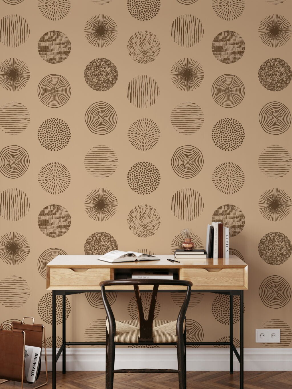 Brown Circles Pattern Illustration Wallpaper, Earthy Tones Abstract Circles Peel & Stick Wall Mural