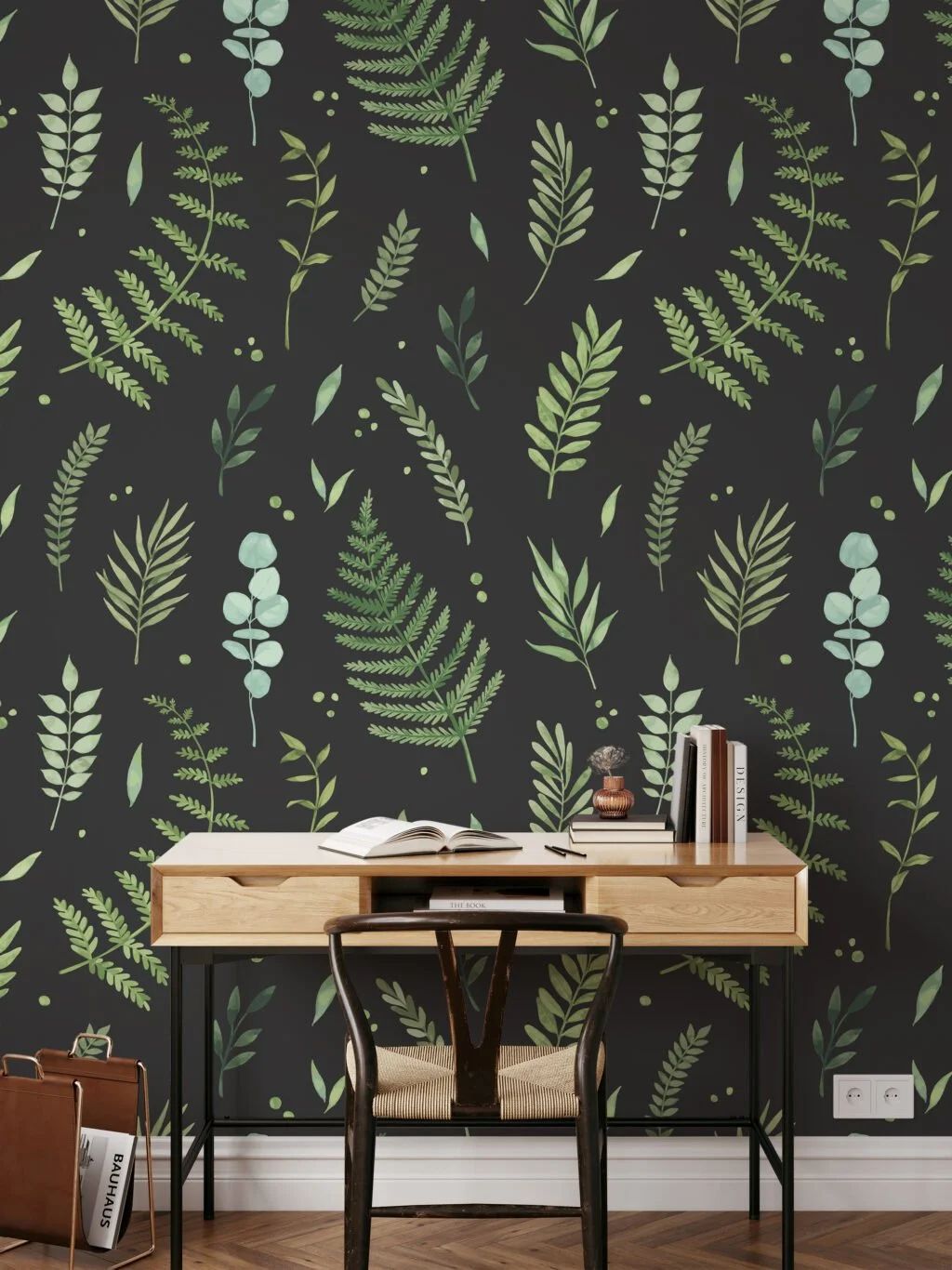 Green Leaves And Branches With A Dark Background Wallpaper, Nighttime Botanicals Peel & Stick Wall Mural