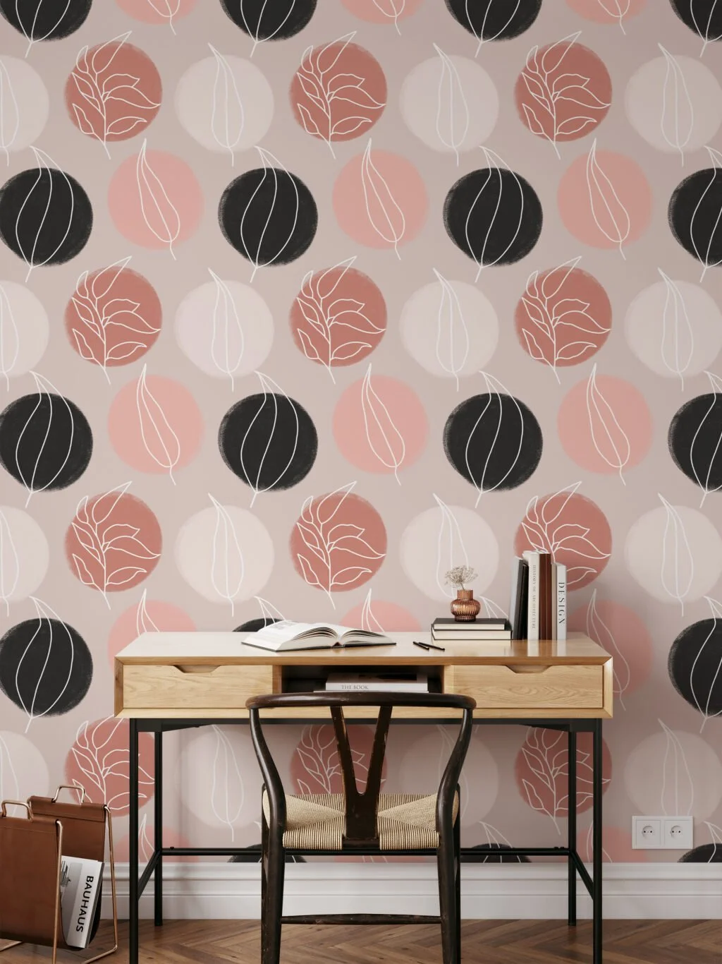 White Line Art Leaves On Circles Design Illustration Wallpaper, Minimalist Leaf and Circle Peel & Stick Wall Mural