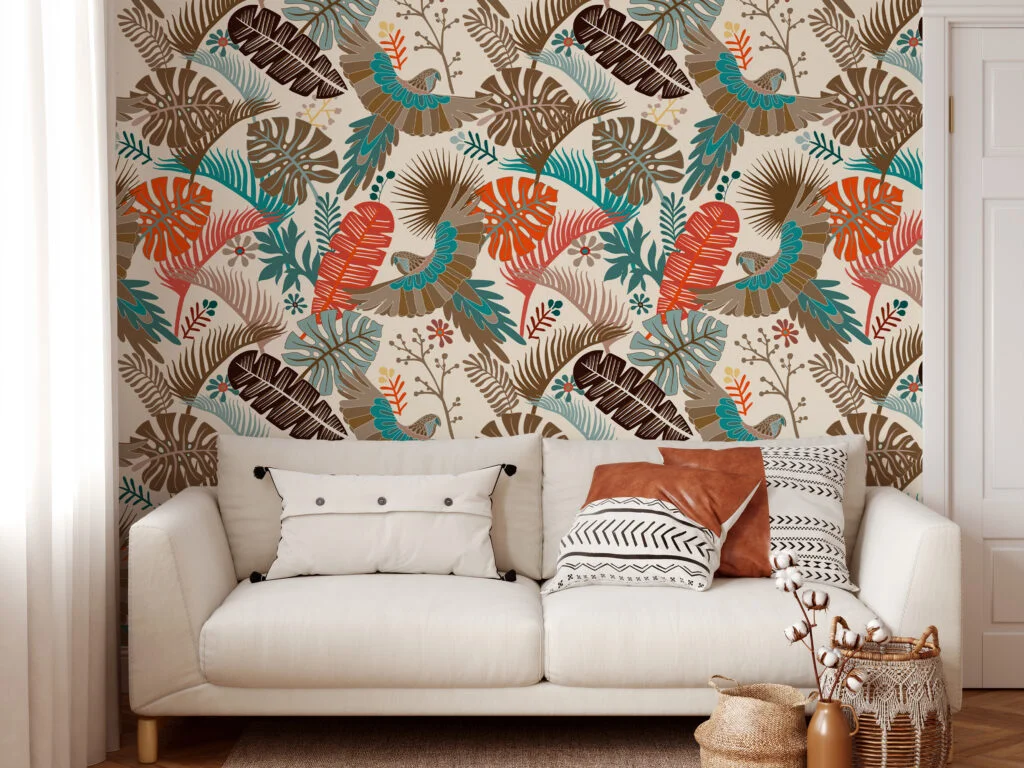 Tropical Illustrations With Leaves And Parrots Wallpaper, Warm Autumnal Tropical Leaves Peel & Stick Wall Mural