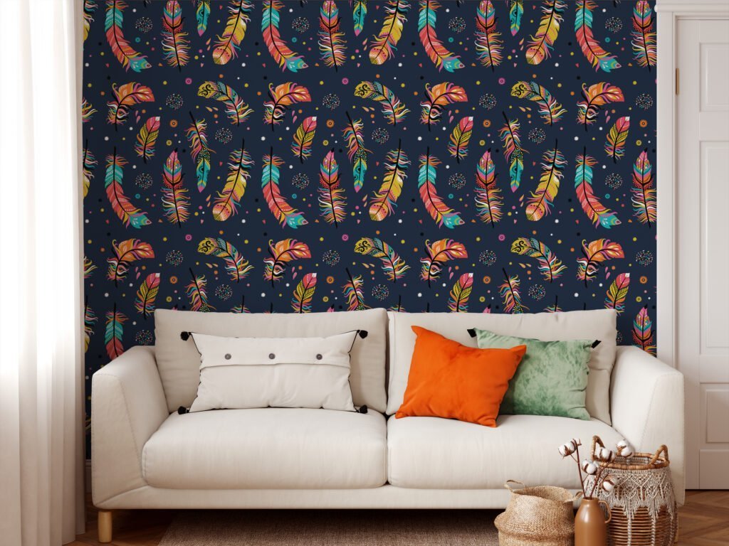 Colorful Flat Art Feathers Pattern Illustration Wallpaper, Whimsical Navy Nature-Inspired Peel & Stick Wall Mural