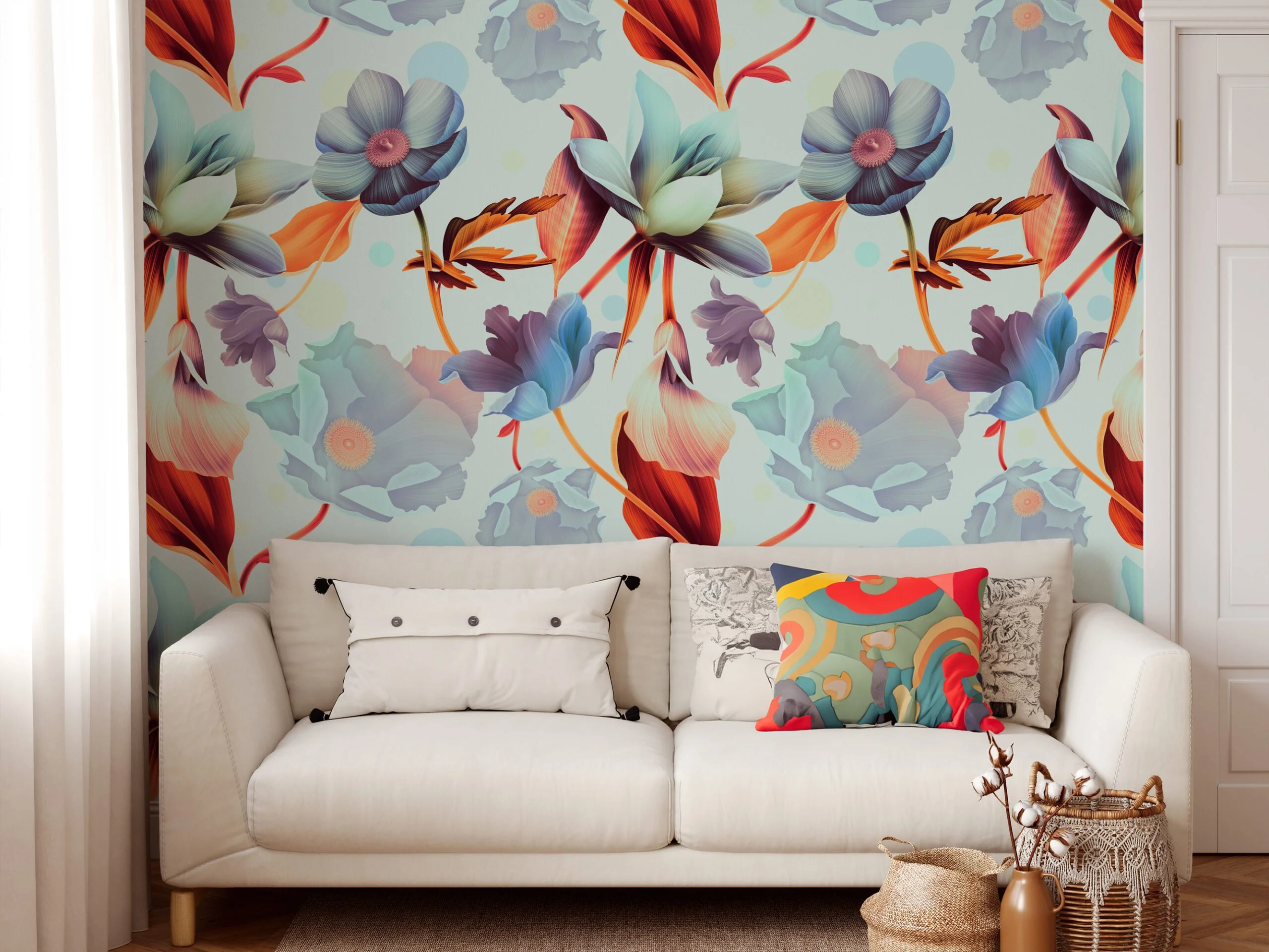 Large Colorful Blooming Flowers Wallpaper, Vibrant Abstract Floral Peel & Stick Wall Mural