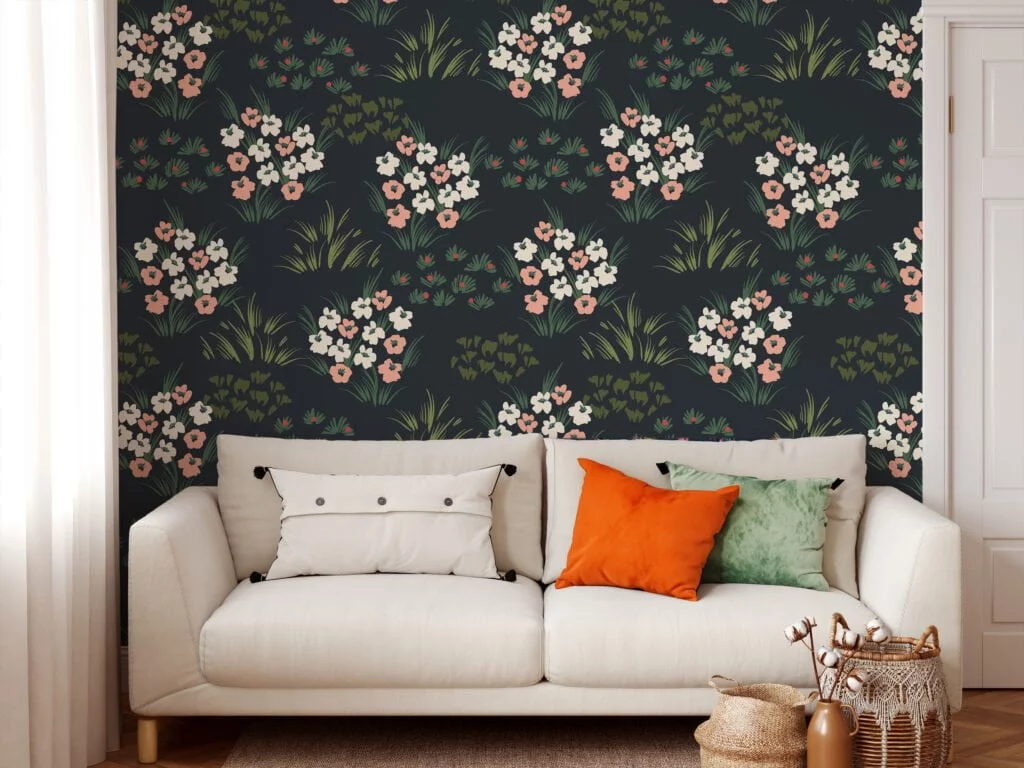 Flat Art Flower Bouquets With A Dark Background Illustration Wallpaper, Midnight Meadow Florals Peel & Stick Wall Mural