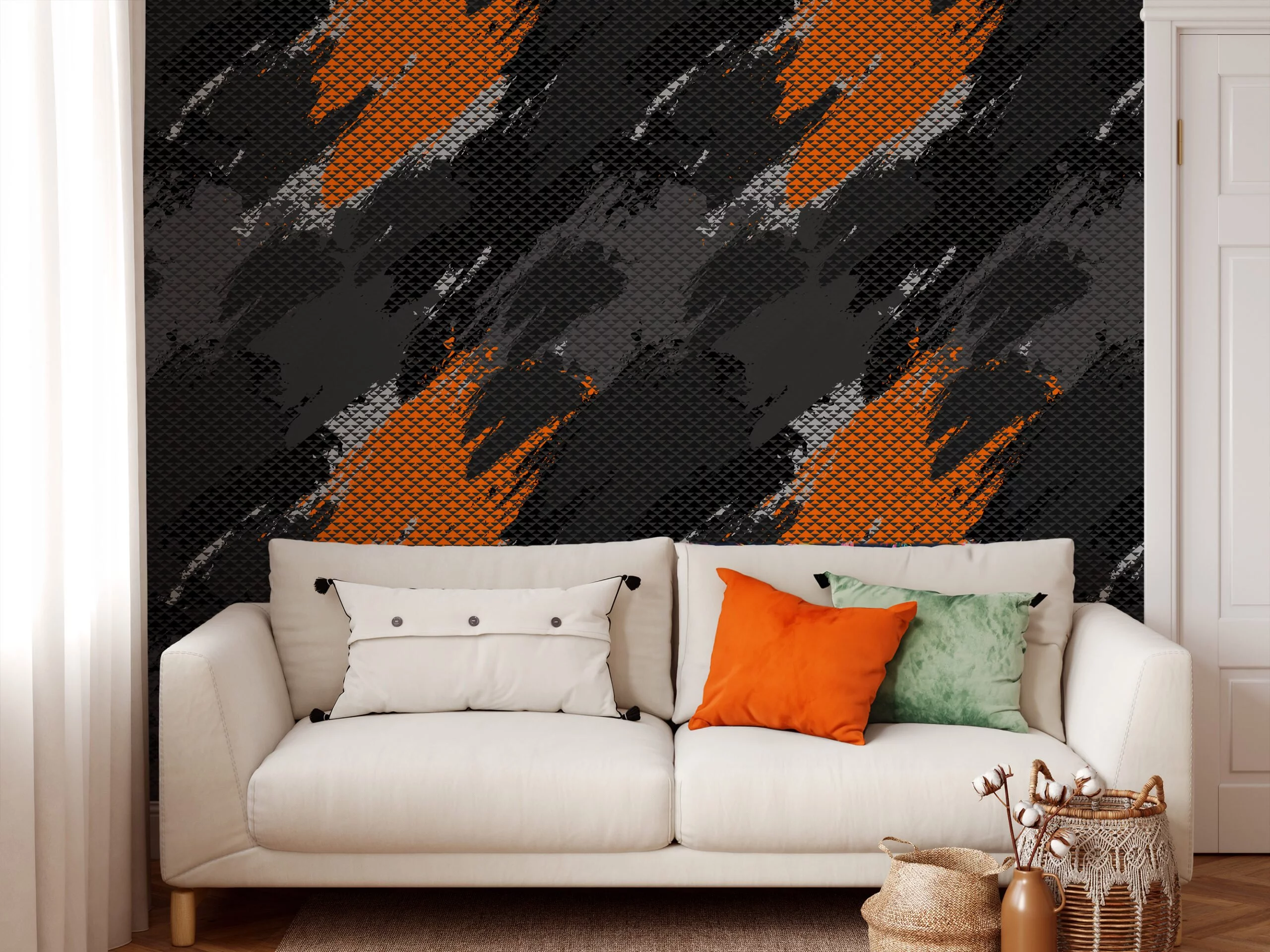 Orange And Grey Geometric Abstract Design Wallpaper, Dynamic Orange Streaks On Black Peel & Stick Wall Mural