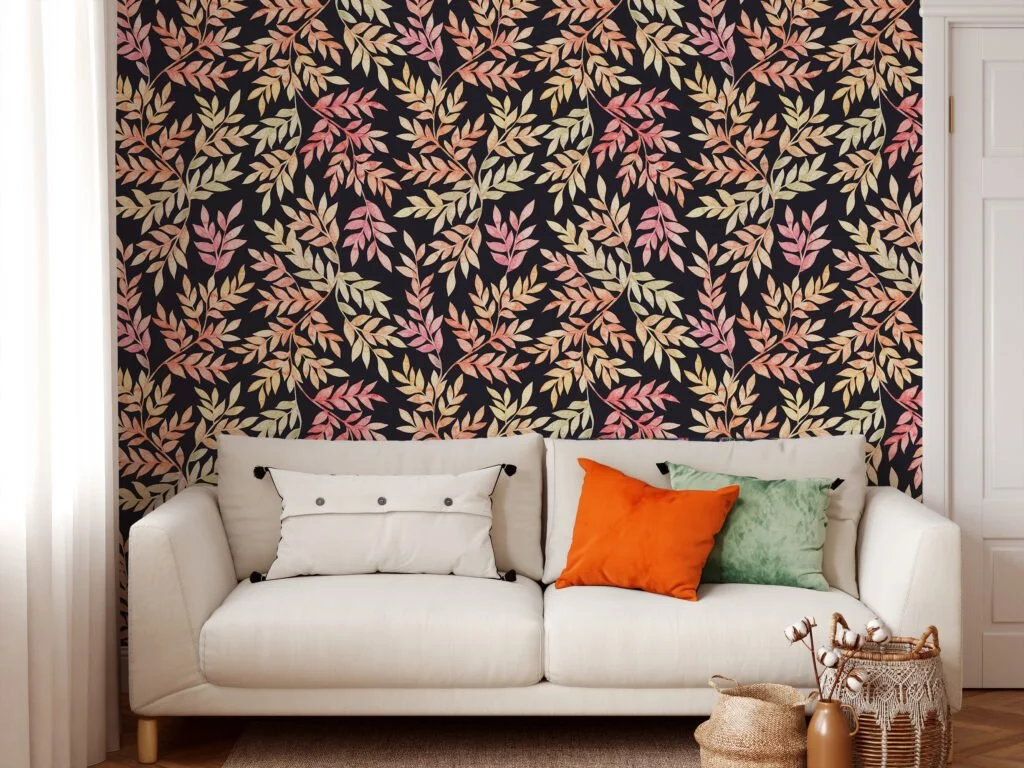 Watercolor Style Large Colorful Leaves With A Dark Background Wallpaper, Autumn Elegant Peel & Stick Wall Mural