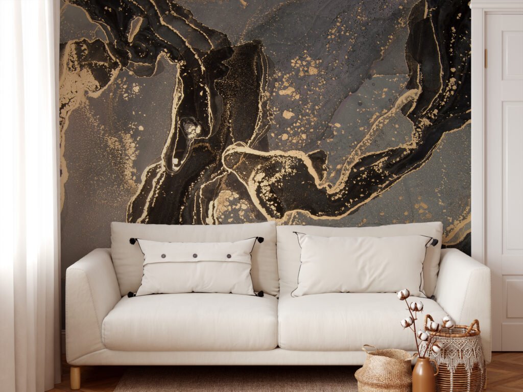 Dark Brown And Grey Marble Ink Art Wallpaper, Dramatic Marble Peel & Stick Wall Mural