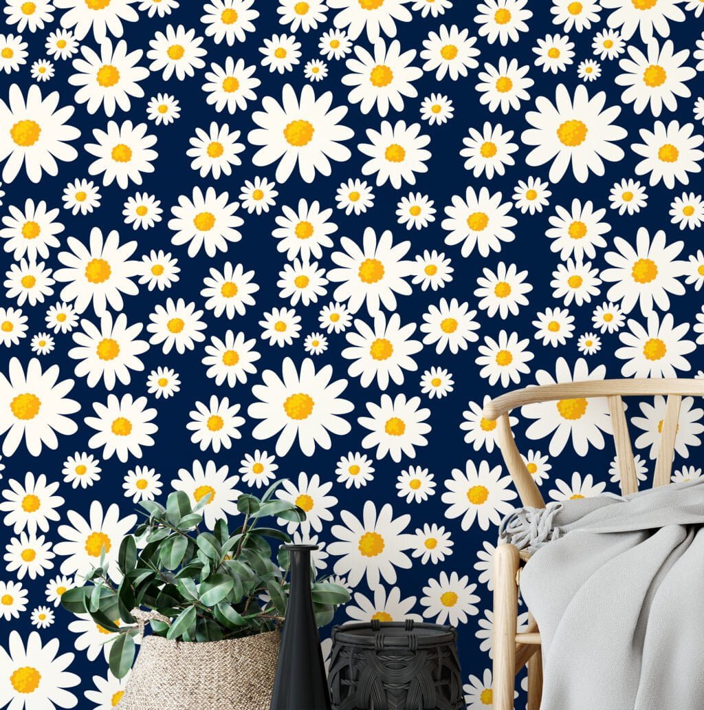 Flat Art Daisies With A Dark Navy Background Illustration Wallpaper, Cheerful Daisy Chain Peel & Stick Wall Mural