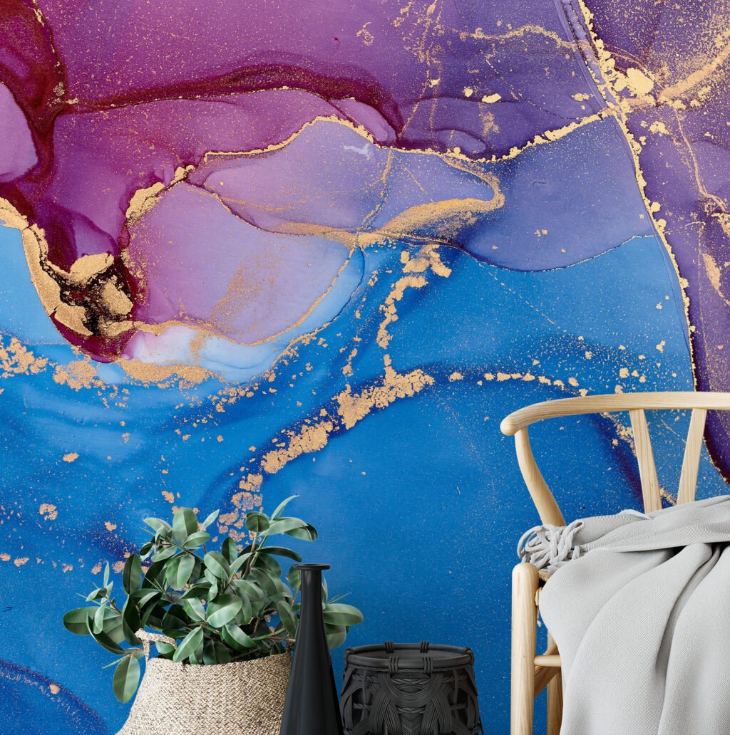 Various Colored Alcohol Ink Art Marble Wallpaper, Sapphire And Amethyst Marble Peel & Stick Wall Mural