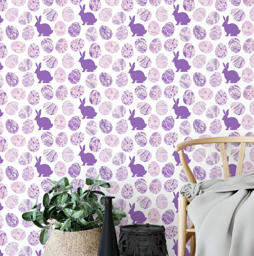 Purple Egg Shaped Ink Blotches With Bunnies Wallpaper, Charming Bunny & Egg Peel & Stick Wall Mural