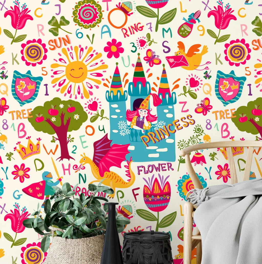 Colorful Kids Princess Dragon Flower Illustration Wallpaper, Fairytale Alphabet Kids Peel & Stick Wall Mural