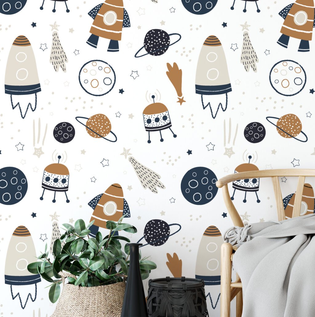 Nursery Cute Rockets And Planets Illustration Wallpaper, Astronomical Nursery Decor Peel & Stick Wall Mural
