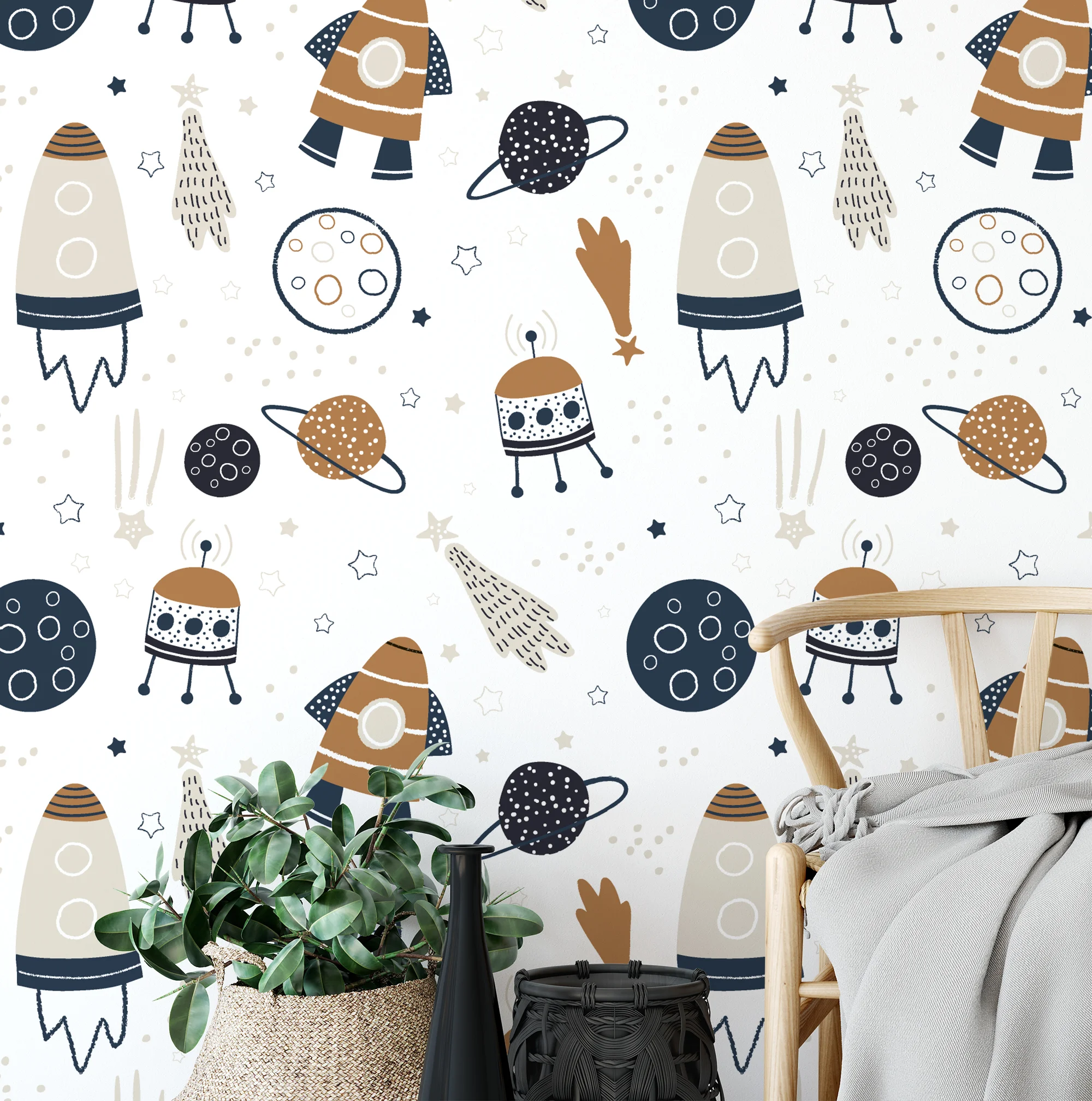 Nursery Cute Rockets And Planets Illustration Wallpaper, Astronomical Nursery Decor Peel & Stick Wall Mural
