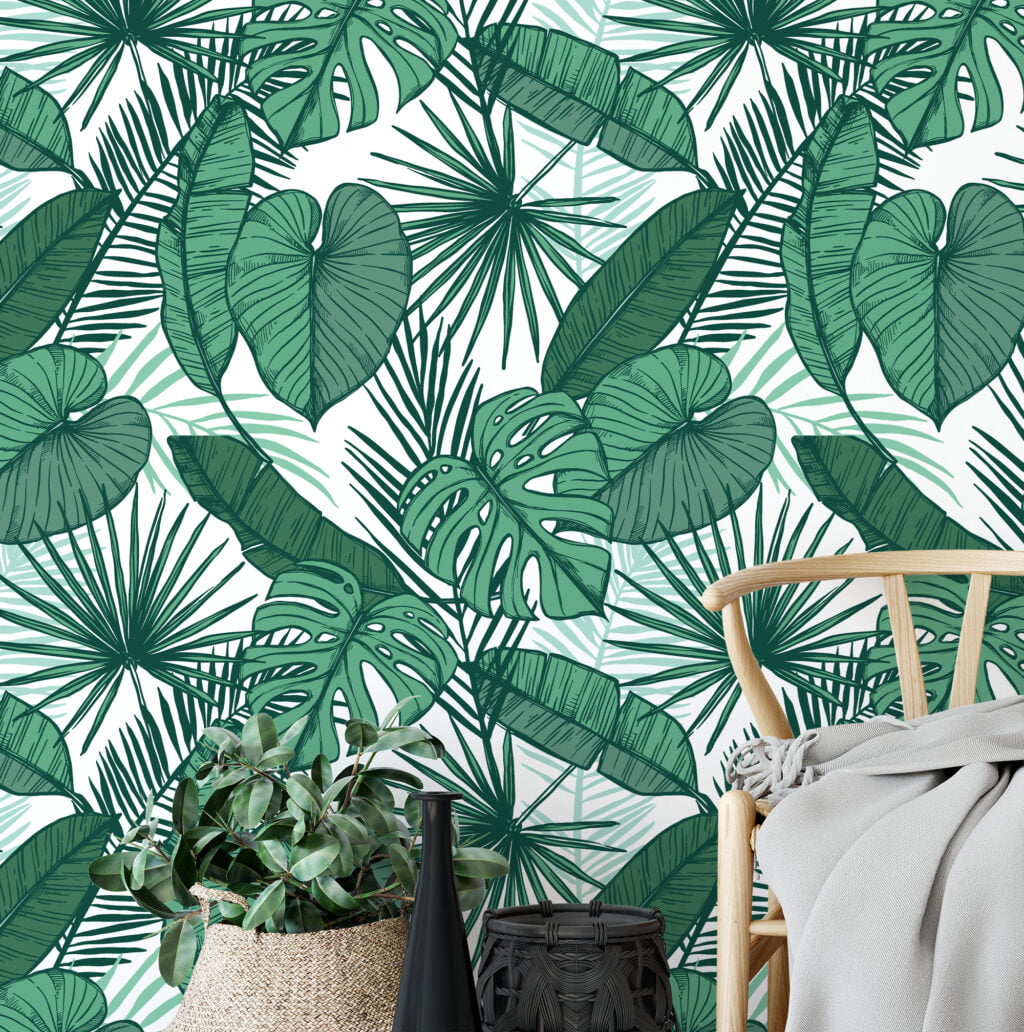 Green Tropical Leaves Illustration Wallpaper, Lush Greenery Sketch Peel & Stick Wall Mural