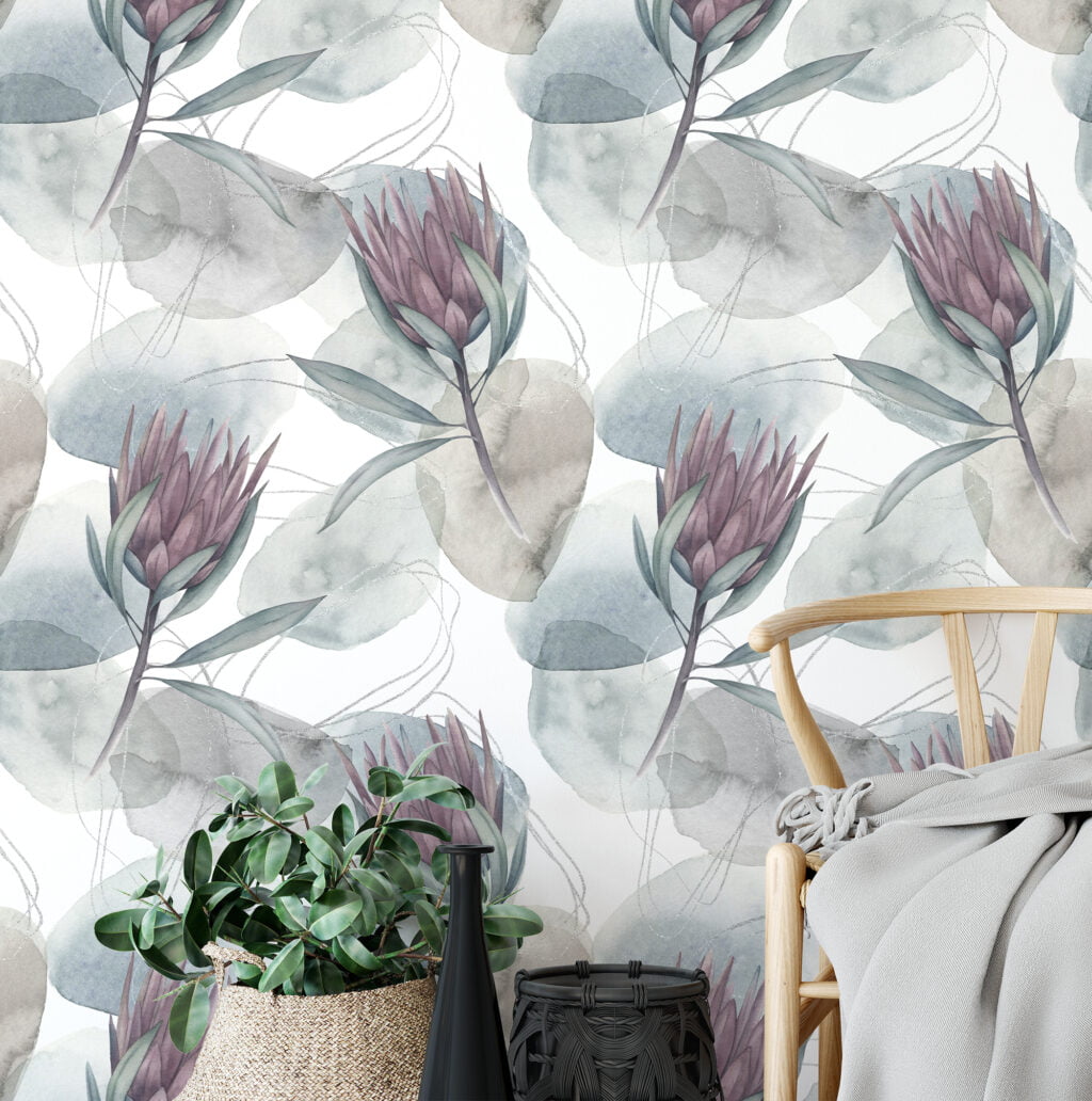 Vintage Floral Watercolor Style Illustration Wallpaper, Serene Protea Blossoms Peel & Stick Wall Mural