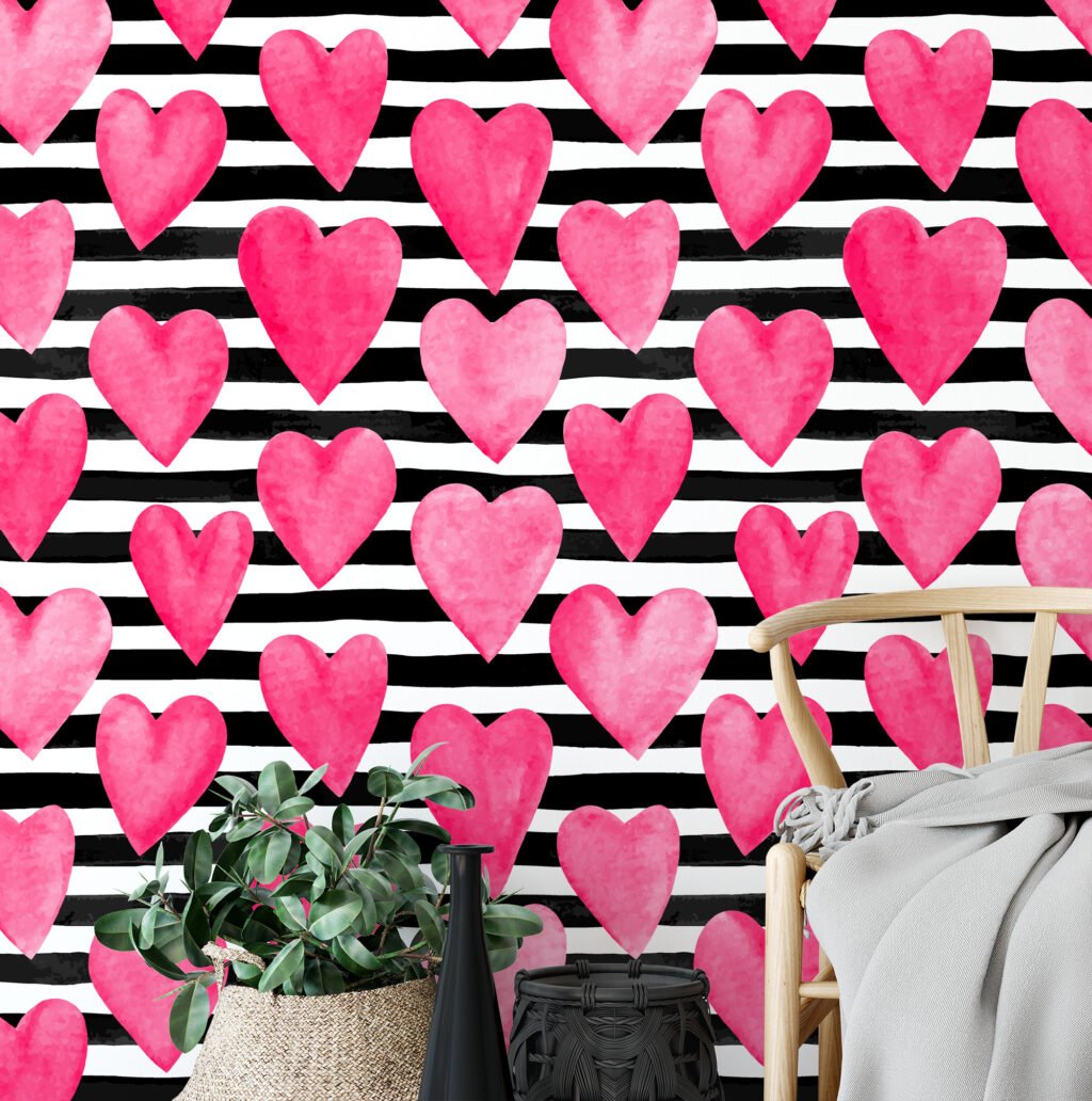 Watercolor Style Pink Hearts With Striped Background Wallpaper, Love Stripes Peel & Stick Wall Mural