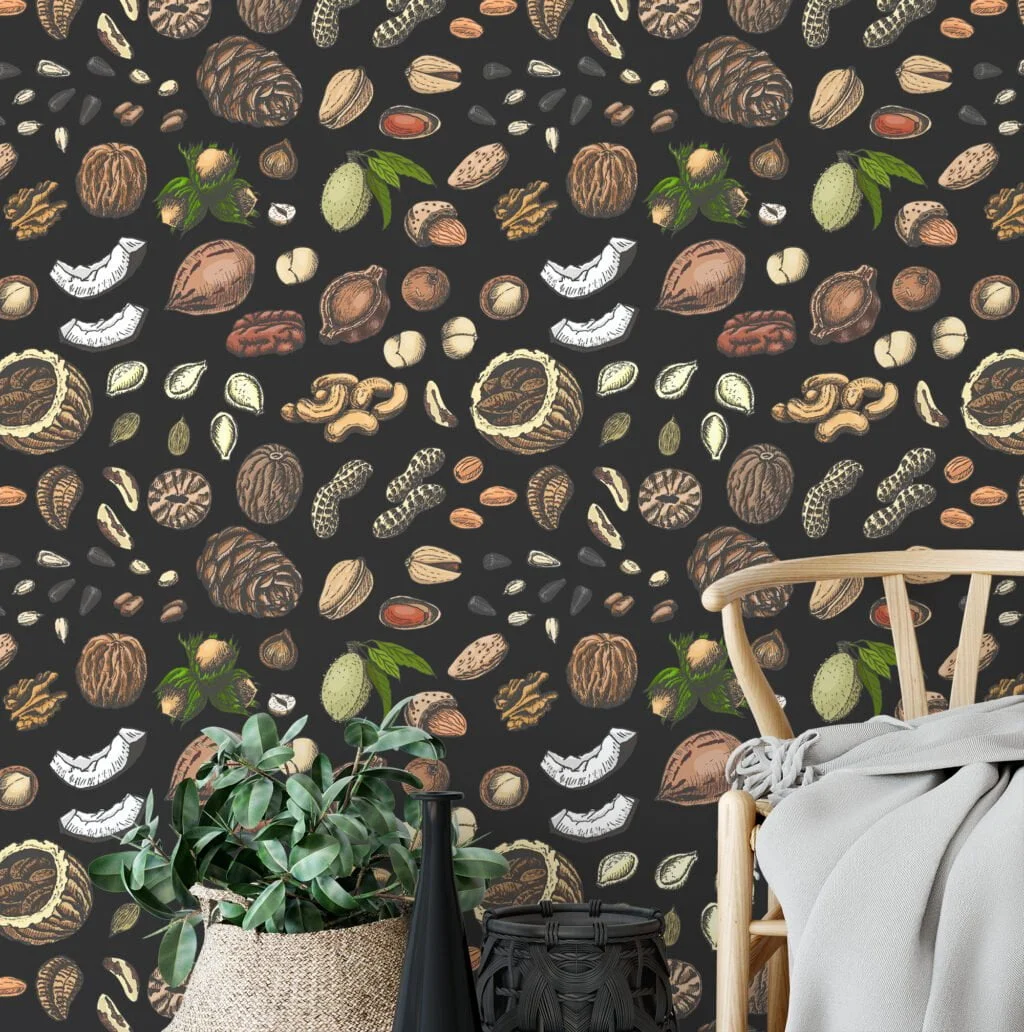 Nuts And Seeds Hand Drawn Illustration Wallpaper, Rustic Kitchen Elegance Peel & Stick Wall Mural