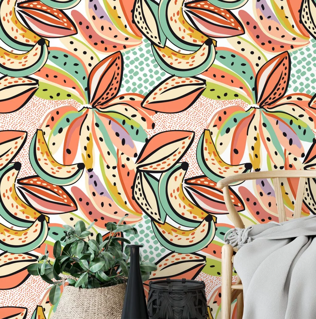 Colorful Abstract Banana Illustration Wallpaper, Playful Tropical Decor Peel & Stick Wall Mural