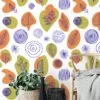 Line Art Leaf Icons Illustration Wallpaper, Playful Nature Sketch Peel & Stick Wall Mural
