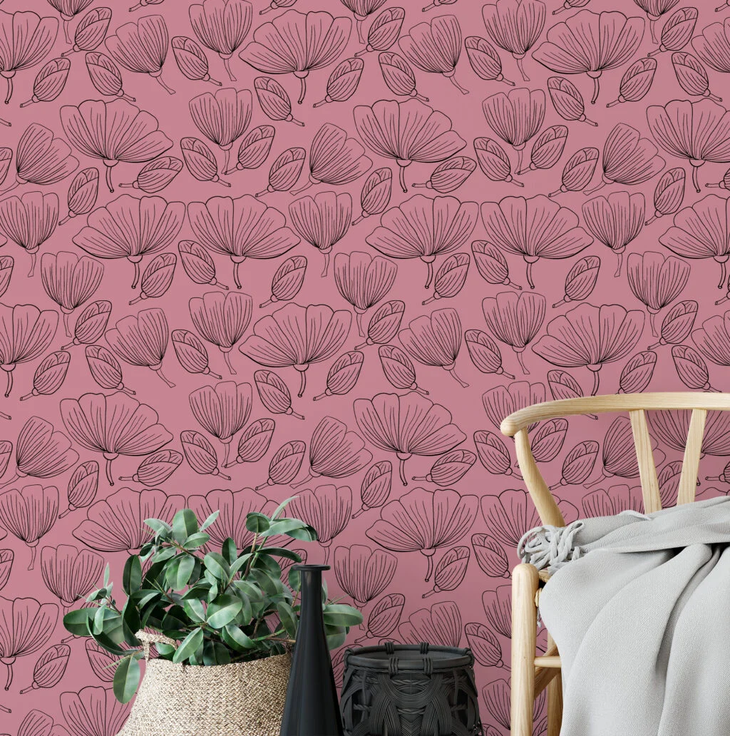 Floral Line Art With A Pink Background Illustration Wallpaper, Elegant Floral Design Peel & Stick Wall Mural