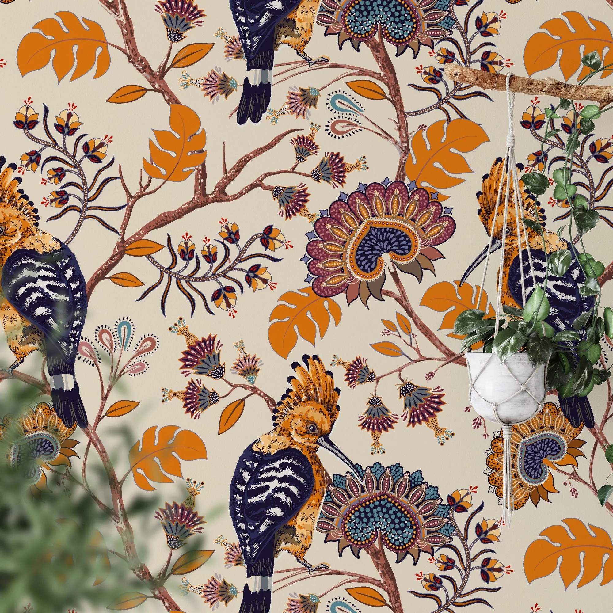 Paisley Floral Design With Exotic Birds Illustration Wallpaper, Vintage-Inspired Home Decor Peel & Stick Wall Mural