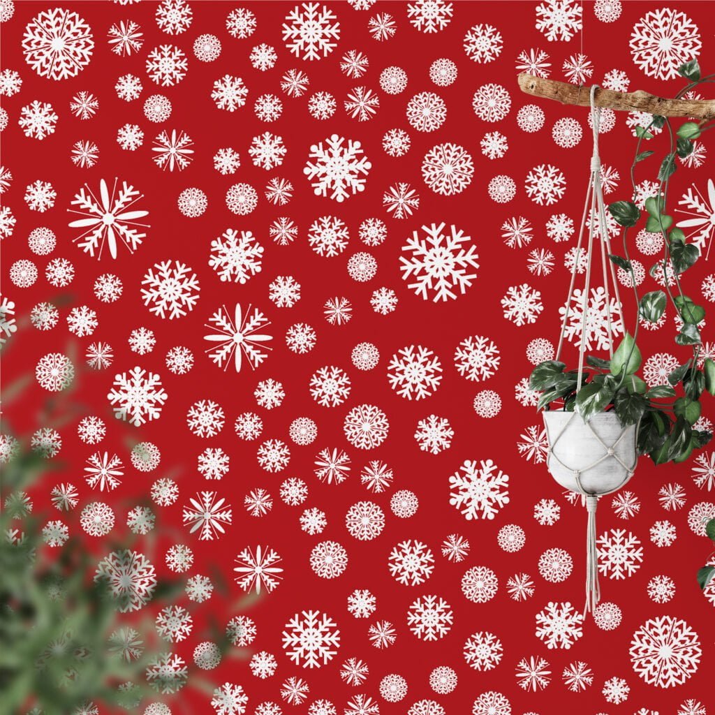 White Snowflakes On A Red Background Illustration Wallpaper, Cheerful Holiday-Inspired Peel & Stick Wall Mural