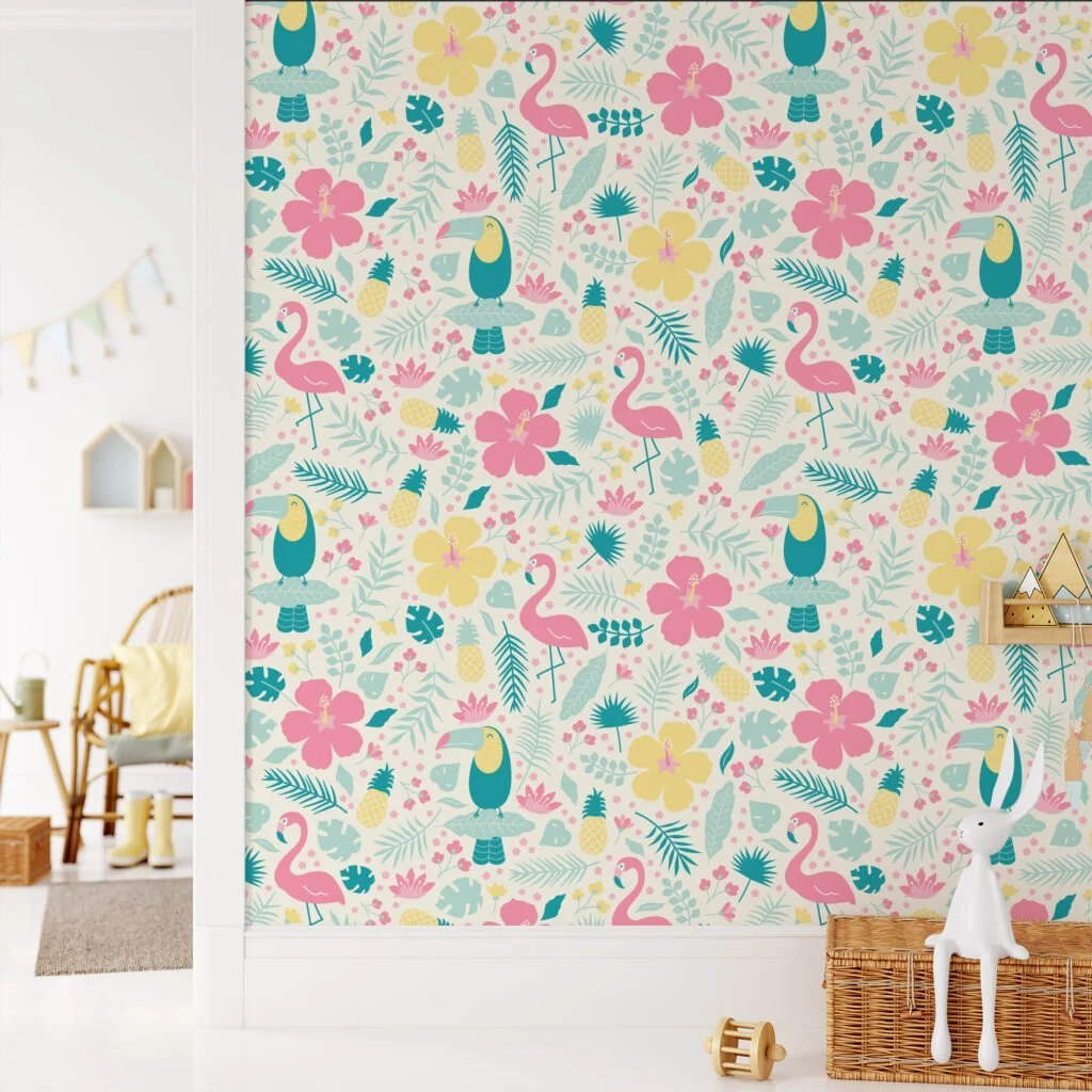 Happy Floral Flat Illustration With Toucans And Flamingos Wallpaper, Cheerful Nursery Deco Peel & Stick Wall Mural