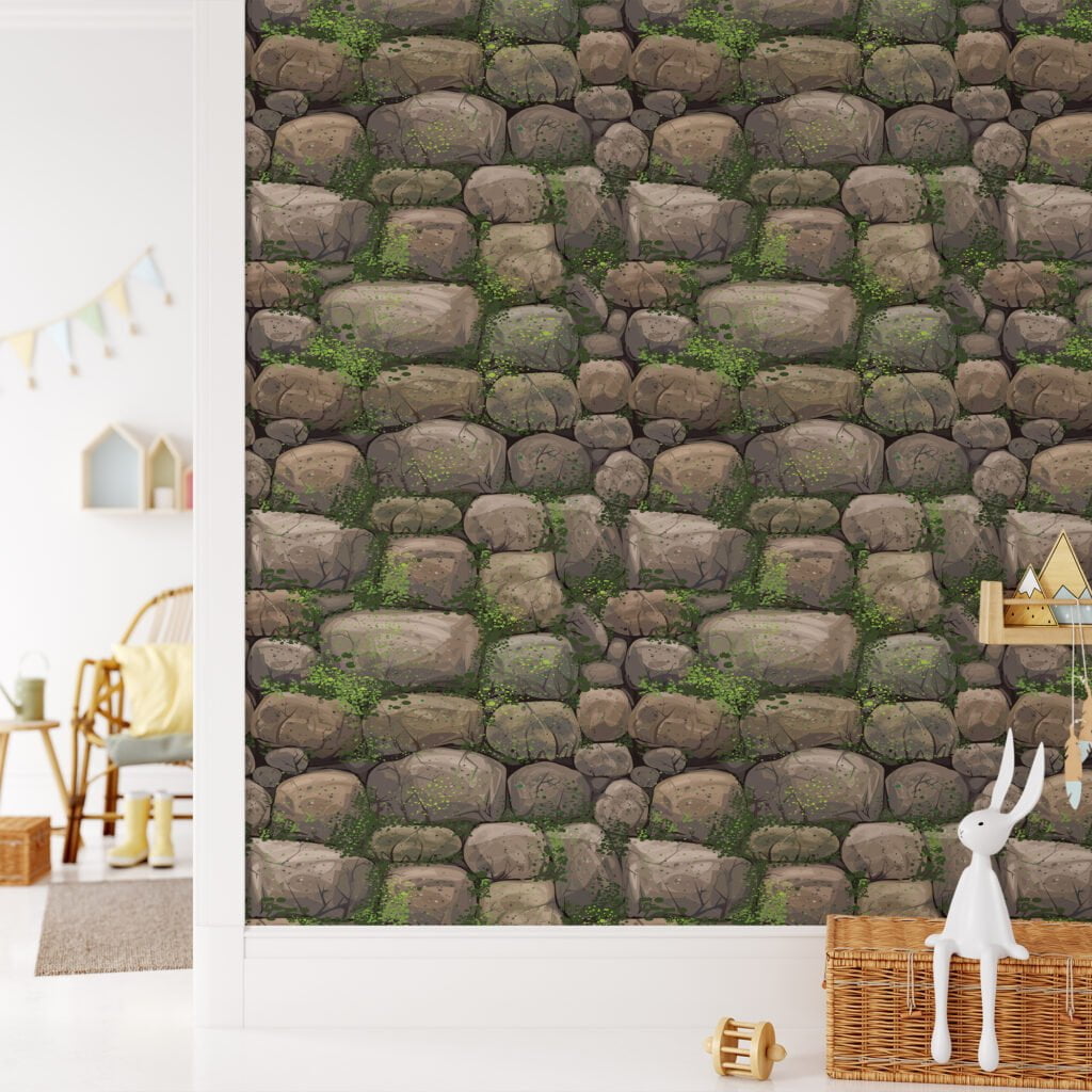 Cartoon Style Rocks And Moss Wallpaper, Natural Faux Texture Peel & Stick Wall Mural