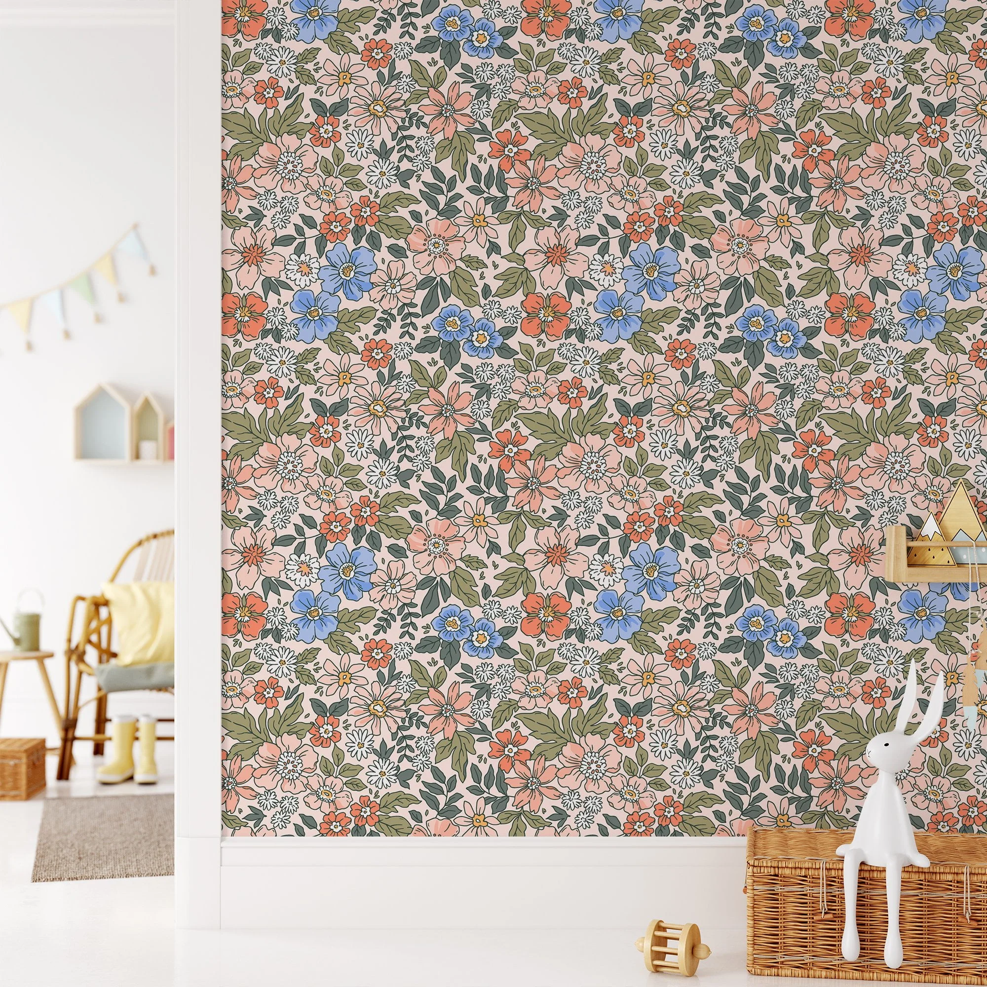 Outlined Flowers Design Illustration Wallpaper, Retro Floral Blooms Peel & Stick Wall Mural