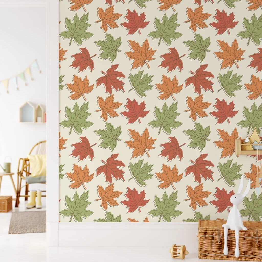 Fall Leaves Illustration Wallpaper, Vintage Autumn Leaf Pattern Peel & Stick Wall Mural