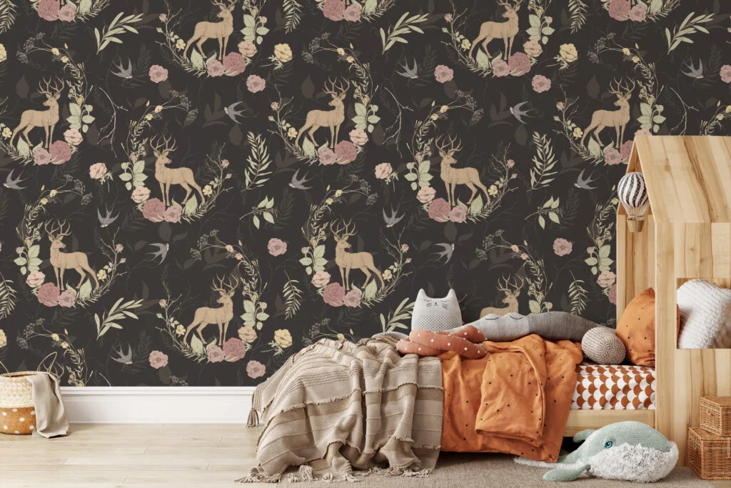 Vintage Floral Design With Reindeers Illustration Wallpaper, Enchanted Forest Peel & Stick Wall Mural