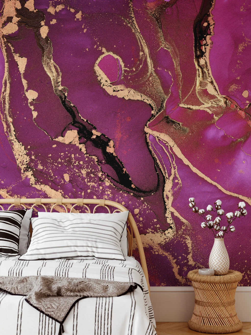 Fuchsia Pink Purple And Gold Alcohol Ink Art Marble Wallpaper, Majestic Plum & Gold Peel & Stick Wall Mural