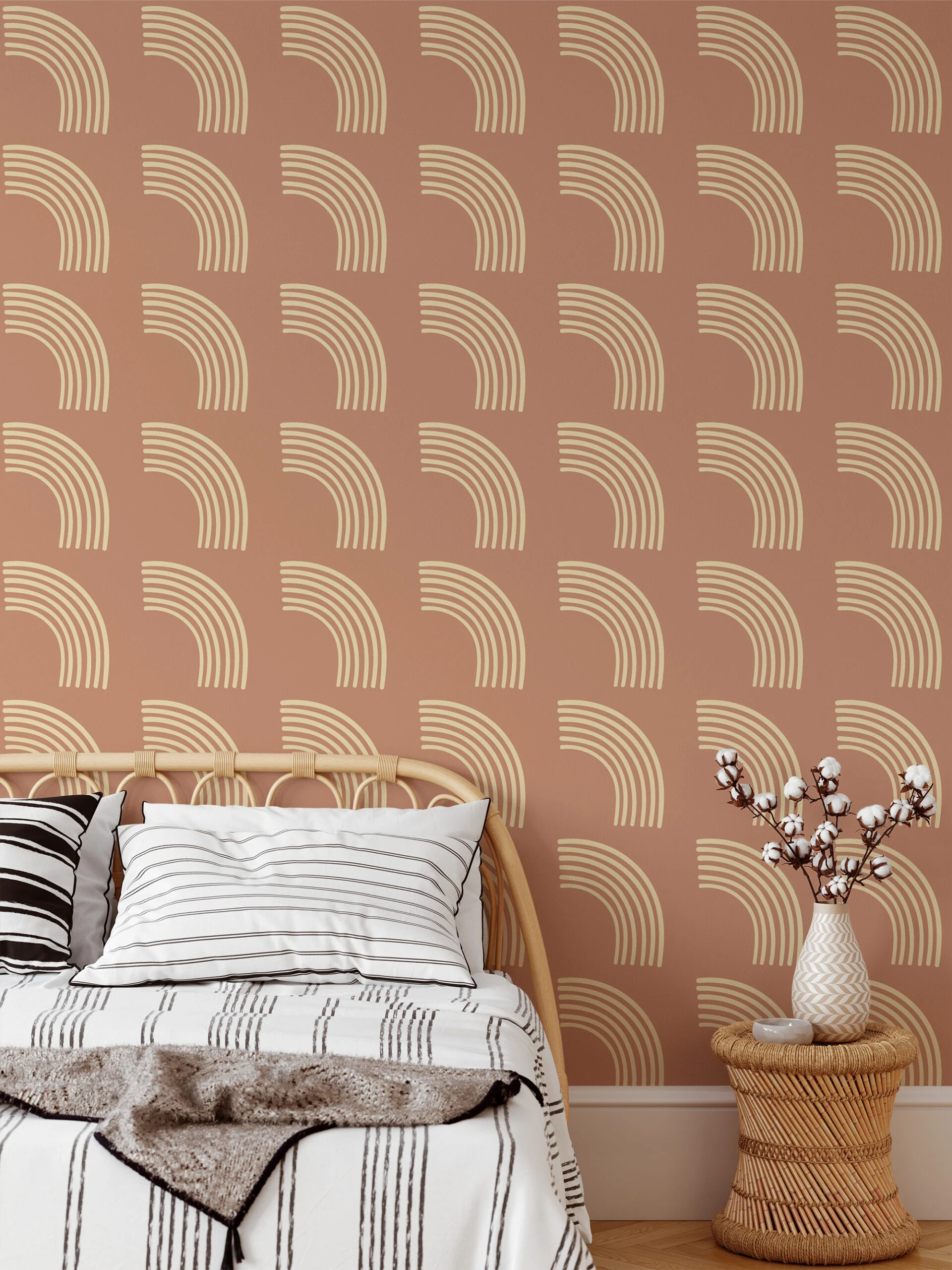 Abstract Boho Shapes Pattern Illustration Wallpaper, Minimalist Elegant Terracotta Peel & Stick Wall Mural