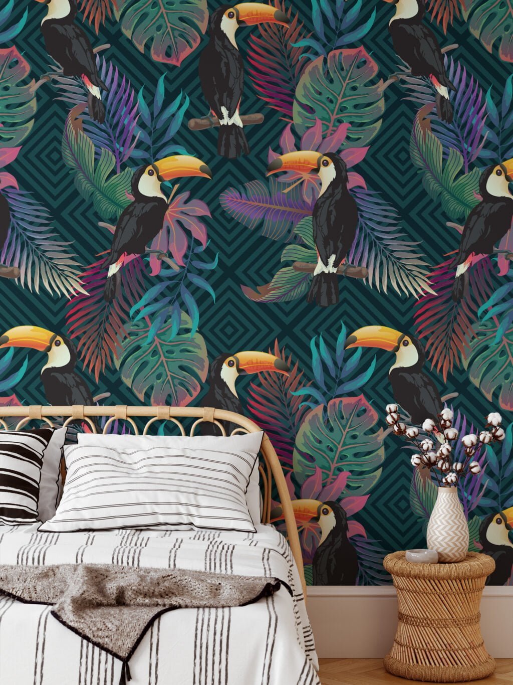 Tropical Illustration With Monstera Leaves And Toucans Wallpaper, Exotic Lush Tropical Peel & Stick Wall Mural