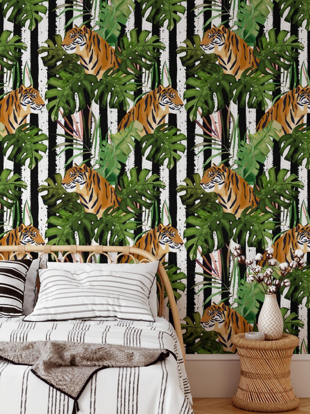Tiger Illustration With Tropical Monstera Leaves Wallpaper, Majestic Tiger in Jungle Peel & Stick Wall Mural
